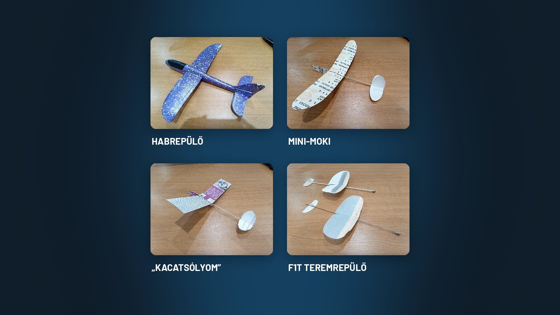 Habrepülő, Mini-Moki, Kacatsólyom és F1T teremrepülő modellek
